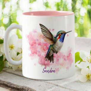 Tasse 2 Couleurs Hummingbird Aquarelle rose Floral Personnalisé