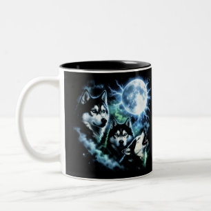 Tasse 2 Couleurs Husky sibérien hurlant à la Lune – Ciel nocturne d
