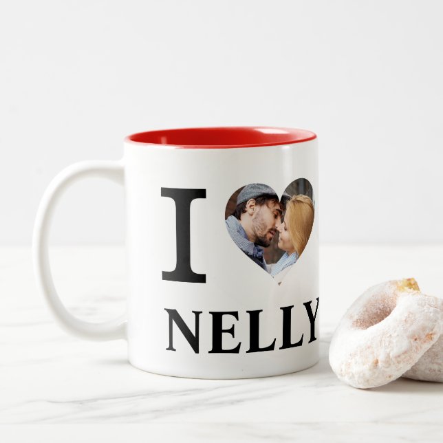 Tasse 2 Couleurs I Heart Couples personnalisés Photo Love (Avec donut)