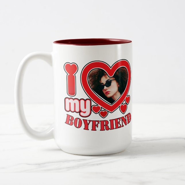 Tasse 2 Couleurs I Love My Boyfriend Personnalisé Photo Heart Cadea (Gauche)