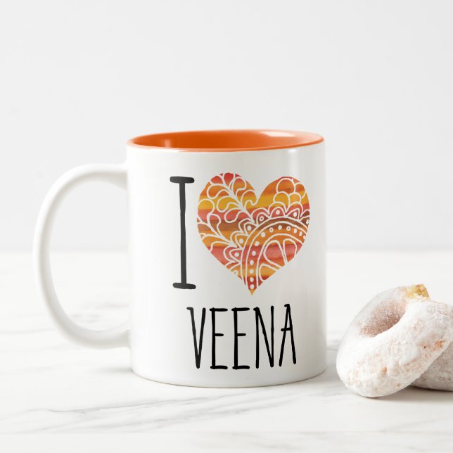 Tasse 2 Couleurs I Love Veena Orange Mandala Heart (Avec donut)