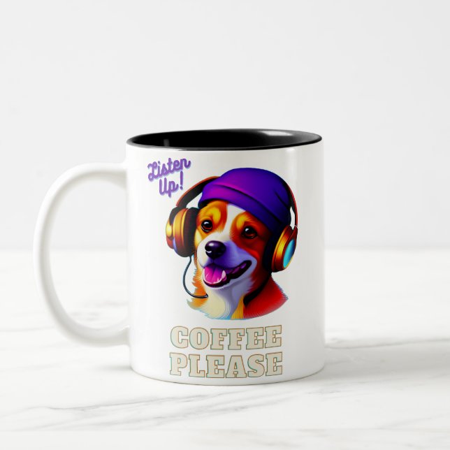 Tasse 2 Couleurs IA Mignonne casque de chiot "Écoutez ! Café S'Il V (Gauche)