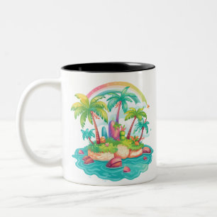 Tasse 2 Couleurs Île tropicale avec palmiers et arc-en-ciel