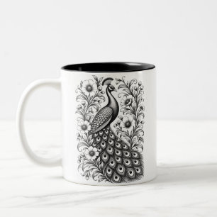 Tasse 2 Couleurs Illustration Art Nouveau paon noir et blanc