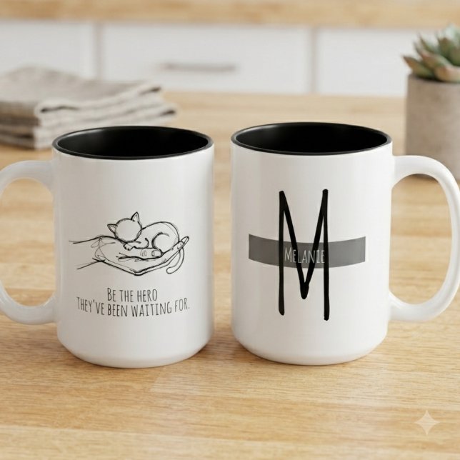 Tasse 2 Couleurs Illustration de citation d'adoption de chat de sau (A kitten held in a hand for a cat rescue gift on adoption day.)