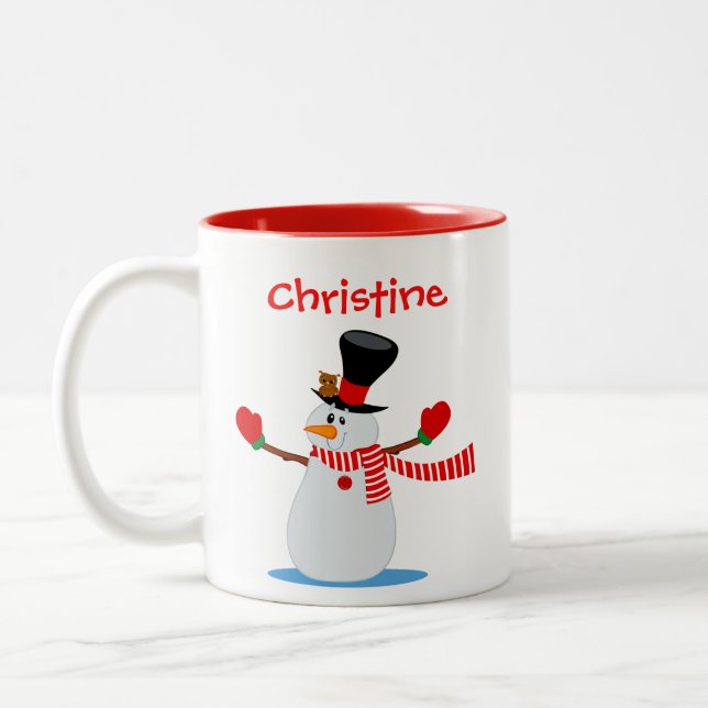 Tasse 2 Couleurs Illustration de Snowman personnalisée en rouge et  (Gauche)