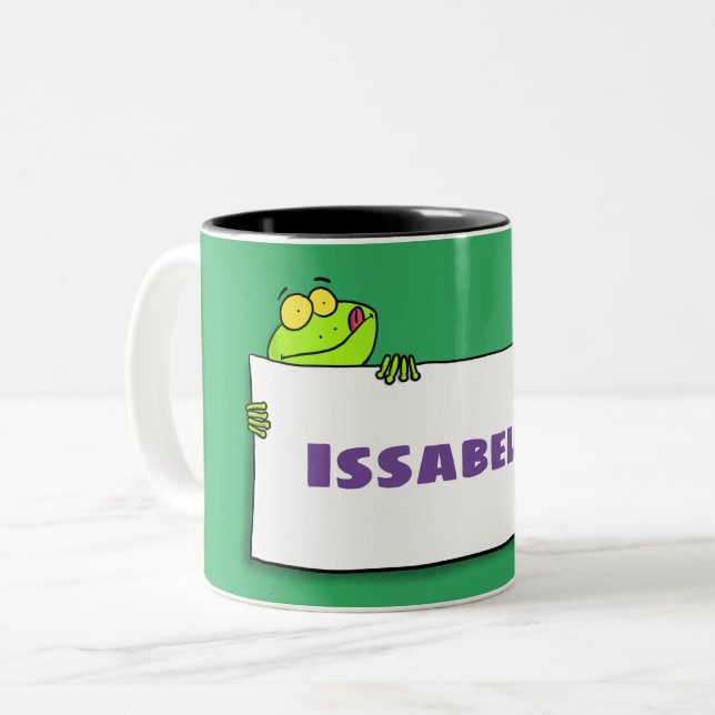 Tasse 2 Couleurs Illustration du panneau de grenouille verte mignon (Devant gauche)