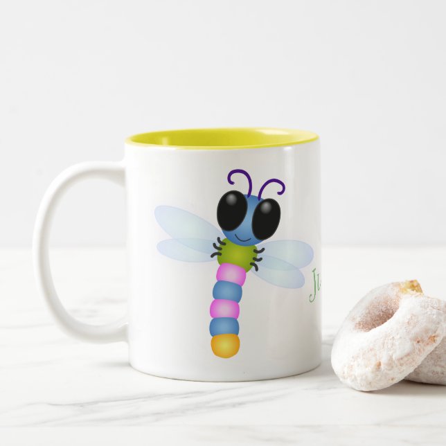 Tasse 2 Couleurs Illustration d'une libellule bleu et rose (Avec donut)