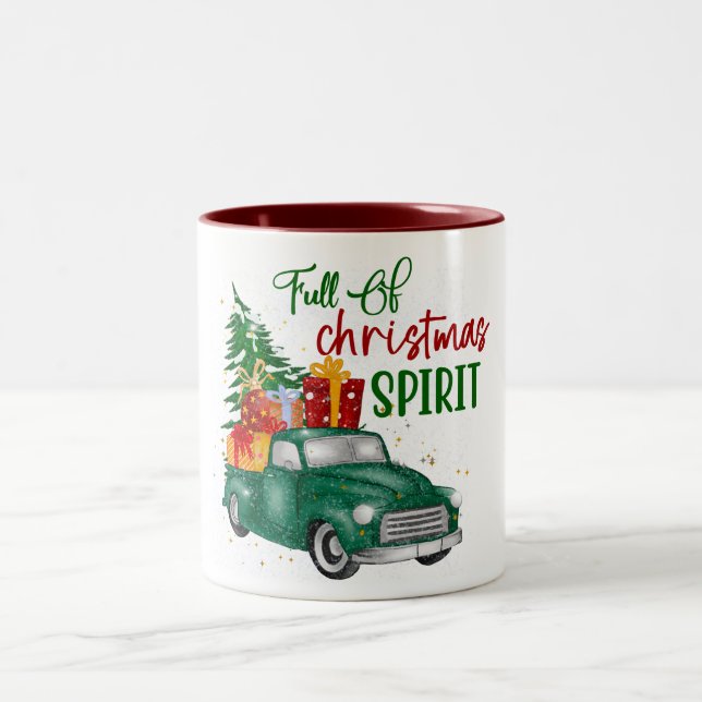 Tasse 2 Couleurs Illustration Red Green Retro Christmas Truck Snowy (Centre)