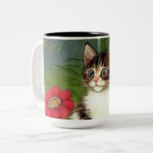 Tasse 2 Couleurs Illustration vintage de chat avec fleurs de printe