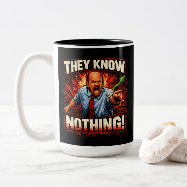 Tasse 2 Couleurs Ils ne savent rien ! | Cramer Mad Money Meme (Avec donut)