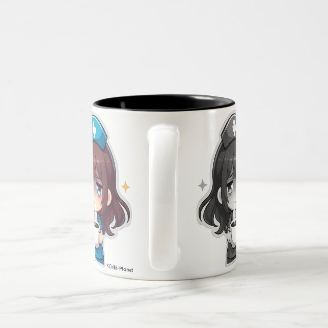 Tasse 2 Couleurs Infirmière Chibi Originale - Café avec Fatigue (Poignée)