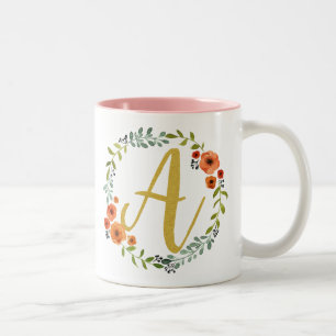 Tasse 2 Couleurs Initiale A Monogramme Floral Doré