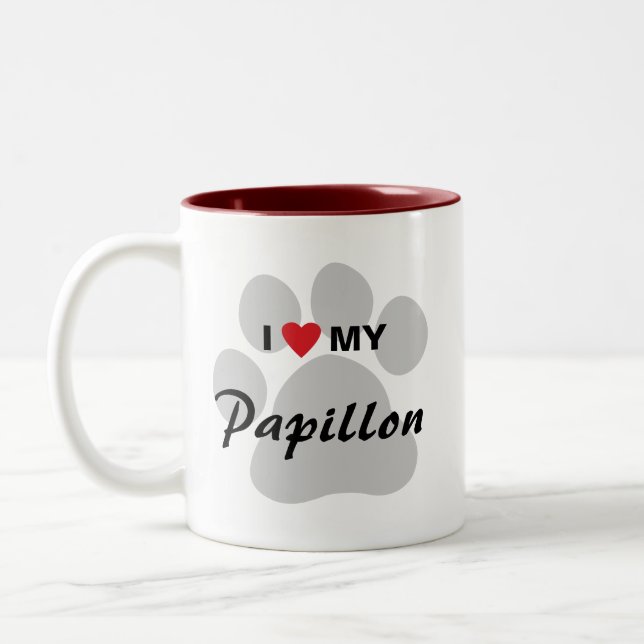 Tasse 2 Couleurs J'aime (coeur) mon Papillon Pawprint (Gauche)
