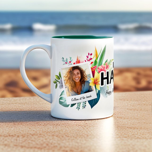 Tasse 2 Couleurs J'aime Hawaii Tropical Thème Photo Collage Café (Start your day with our Tropical Flowers I Love Hawaii Coffee Mug. Add your photos and text.)