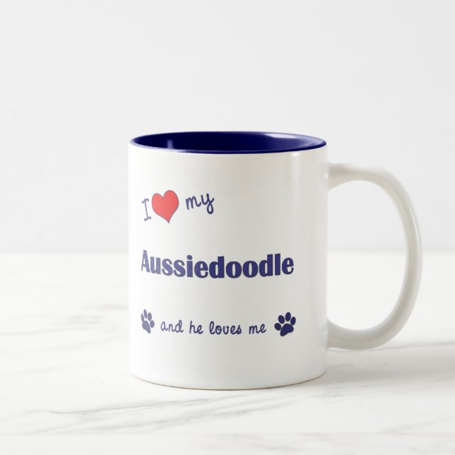 Tasse 2 Couleurs J'aime mon Aussiedoodle (le chien masculin) (Droit)