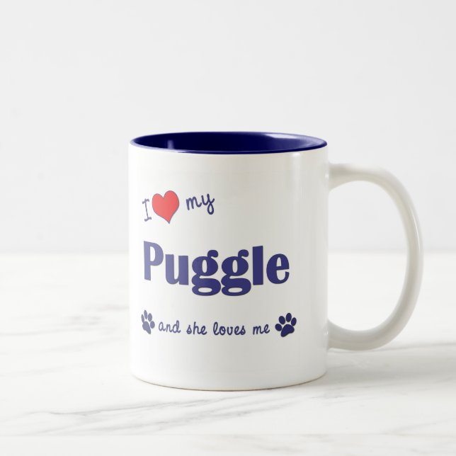 Tasse 2 Couleurs J'aime mon Puggle (le chien femelle) (Droit)