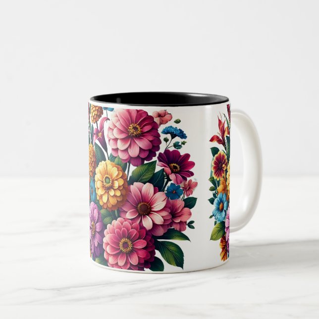 Tasse 2 Couleurs Jardin aux fleurs de Zinnias et Cosmos (Devant droit)