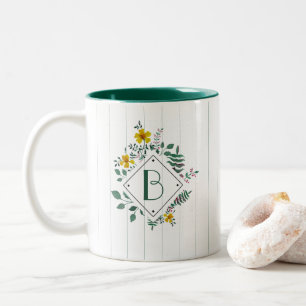 Tasse 2 Couleurs Jaune Daffodique Feuille Floral Stripe Monogram