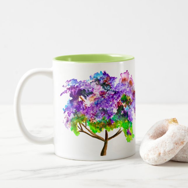 Tasse 2 Couleurs Jaune violette arbre aquarelle art (Avec donut)