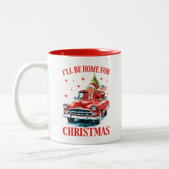 Tasse 2 Couleurs Je serai à la maison pour Noël, Trump amusant (Gauche)