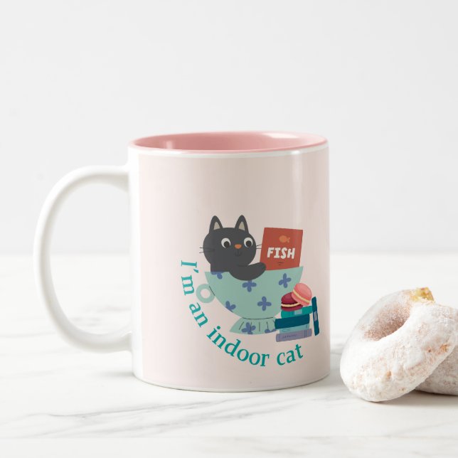 Tasse 2 Couleurs Je suis un chat intérieur drôle (Avec donut)