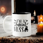 Tasse 2 Couleurs Je suis une Haunt Mess Funny Womens Halloween<br><div class="desc">Célébrez l'Halloween avec un rire en utilisant notre "I'm a Haunt Mess" Drôle Halloween féminin Mug à deux tons ! Cette tasse ludique présente un design noir et blanc chic avec l'expression humoristique de la typographie stylisée, parfait pour ajouter un peu de plaisir éffrayant à votre routine matinale. Fabriqué en...</div>