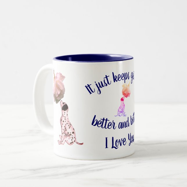Tasse 2 Couleurs Je t'aime Dalmatienne Rose chiot Flower (Devant gauche)