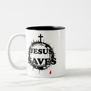 Tasse 2 Couleurs Jésus sauve avec la Croix et la Couronne d'épines