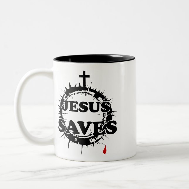 Tasse 2 Couleurs Jésus sauve avec la Croix et la Couronne d'épines (Gauche)