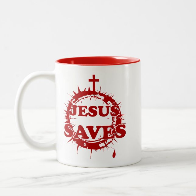 Tasse 2 Couleurs Jésus sauve avec la Croix et la Couronne d'épines (Gauche)