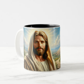 Tasse 2 Couleurs Jésus souriant sous un ciel céleste