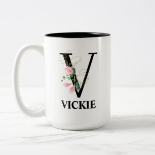 Tasse 2 Couleurs Joli alphabet floral V monogrammé