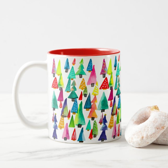 Tasse 2 Couleurs Joli aquarelle arbres de Noël (Avec donut)