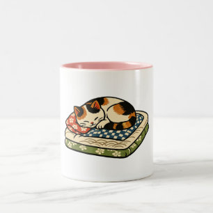 Tasse 2 Couleurs Joli chat calico endormi sur un C japonais traditi