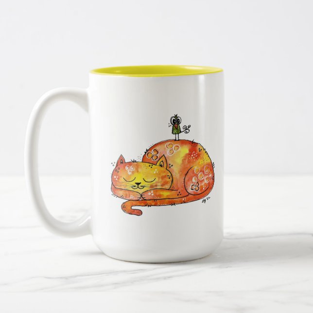 Tasse 2 Couleurs Joli Chat Endormi Fantaisiste (Gauche)