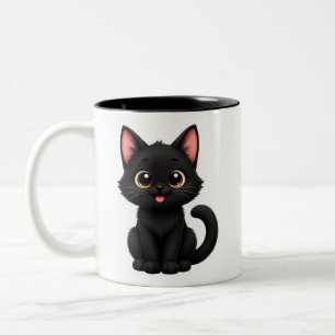 Tasse 2 Couleurs Joli Chat Noir avec Grands Yeux Dorés- Joli Chat