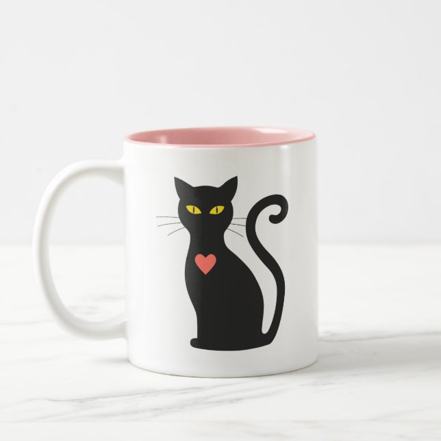 Tasse 2 Couleurs Joli chat noir & cœur rose (Gauche)