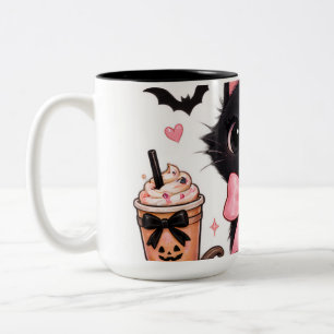 Tasse 2 Couleurs Joli Chat Noir Coquette Halloween avec des Rubans 