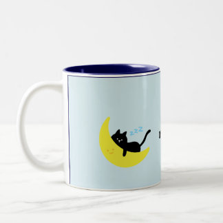 Tasse 2 Couleurs Joli Chat Noir Endormi sur la Lune Café Bleu Paste