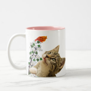 Tasse 2 Couleurs Joli chat tigré, fleurs et petit oiseau 