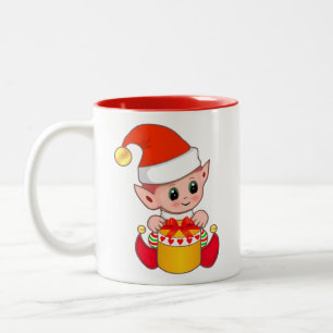 Tasse 2 Couleurs Joli elfe de Noël avec boîte cadeau
