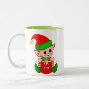 Tasse 2 Couleurs Joli elfe de Noël avec boîte cadeau et texte modif