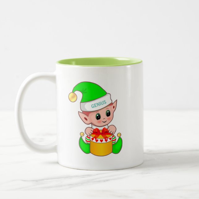 Tasse 2 Couleurs Joli elfe de Noël et texte génial modifiable (Gauche)
