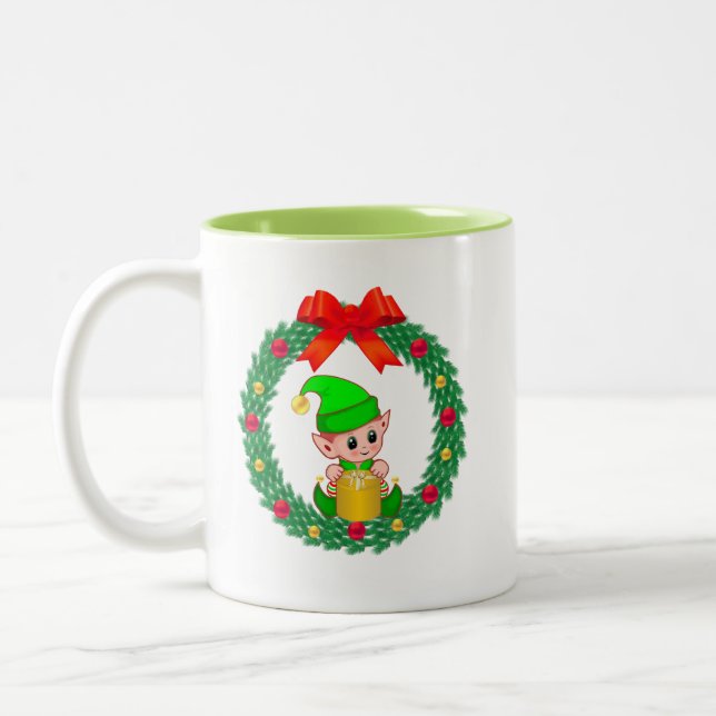Tasse 2 Couleurs Joli Elfe de Noël vert & Couronne de Noël (Gauche)