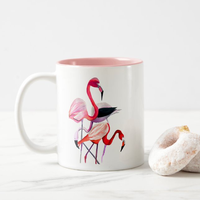 Tasse 2 Couleurs Joli flamant rose sur bleu (Avec donut)