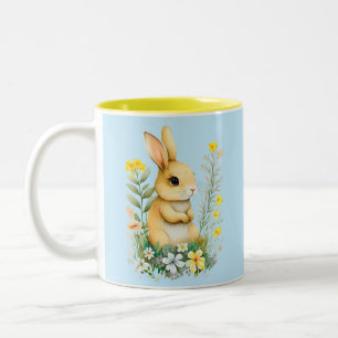 Tasse 2 Couleurs Joli lapin de Pâques avec Fleurs et Monogramme