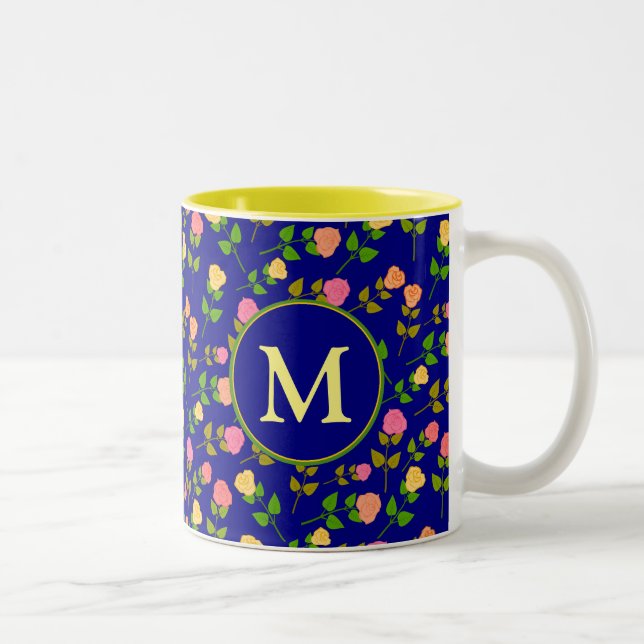 Tasse 2 Couleurs Joli motif de rose bleue monogramme (Droit)