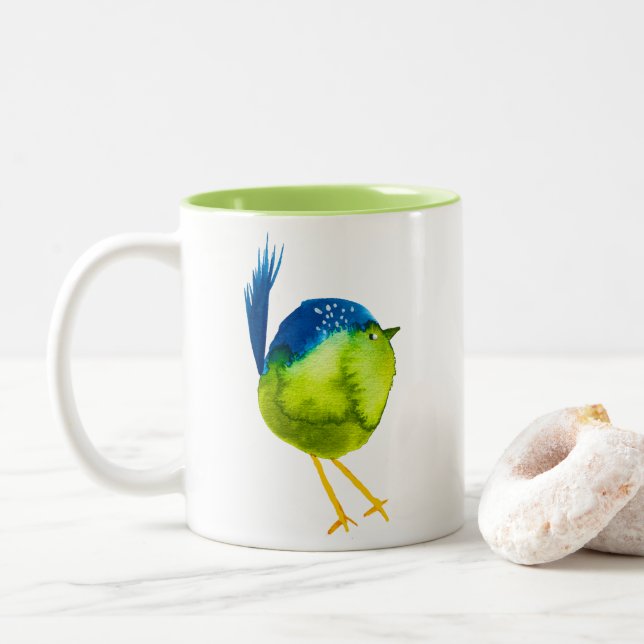 Tasse 2 Couleurs Joli oiseau à l'aquarelle verte (Avec donut)
