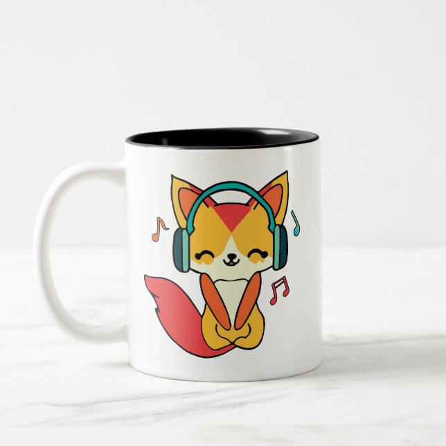 Tasse 2 Couleurs Joli renard avec écouteurs écoutant de la musique. (Gauche)